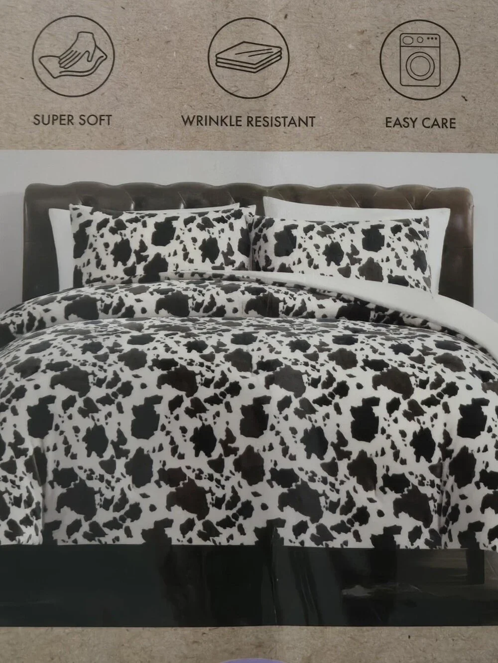 Plush Wrangler 3 Piece Comforter Set Brown & Cream Cow Print Western QUEEN